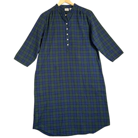 LL Bean Nightshirt Women Small Navy Green Flannel Tartan Plaid Pockets Nightgown - Picture 1 of 11